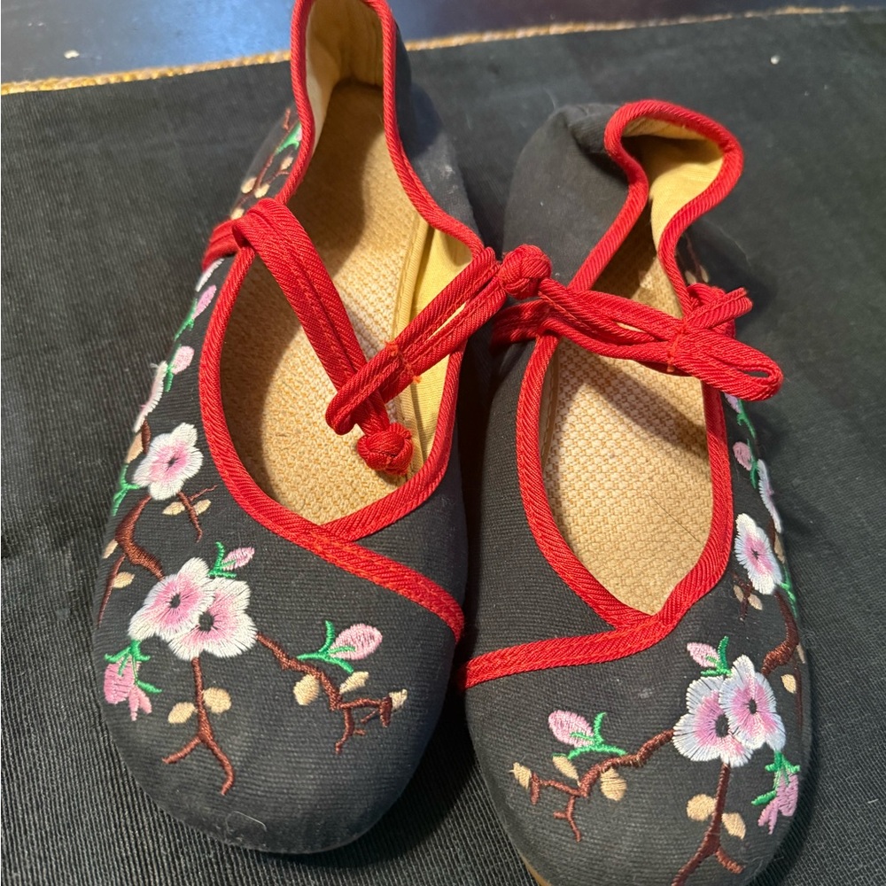Black Floral Embroidered Ballet Flats with Red Trim